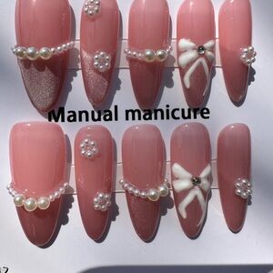 Pink and White Press-On Nails with Pearl and Floral Accents
